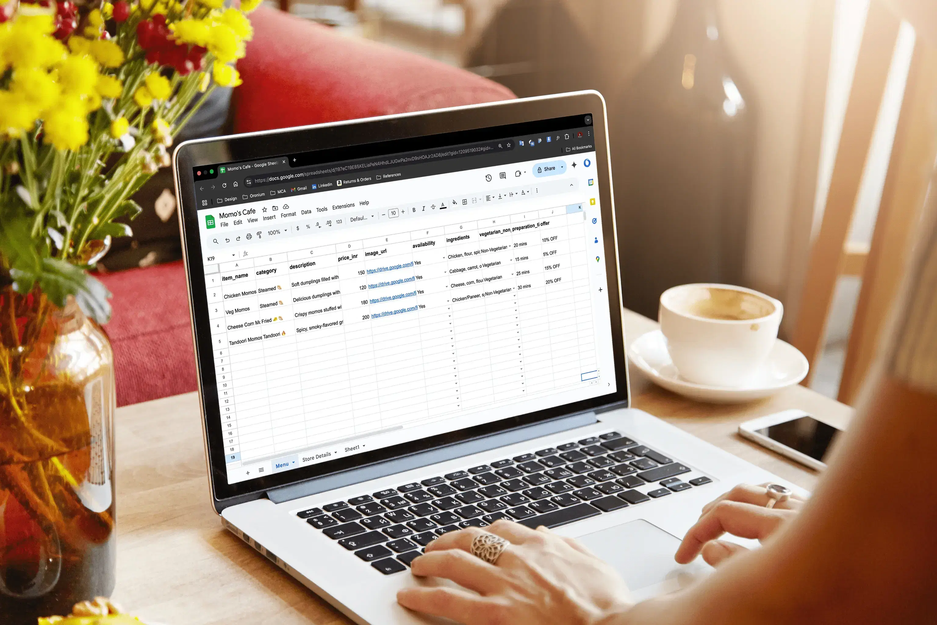A restaurant owner editing their menu items directly in a Google Sheet
